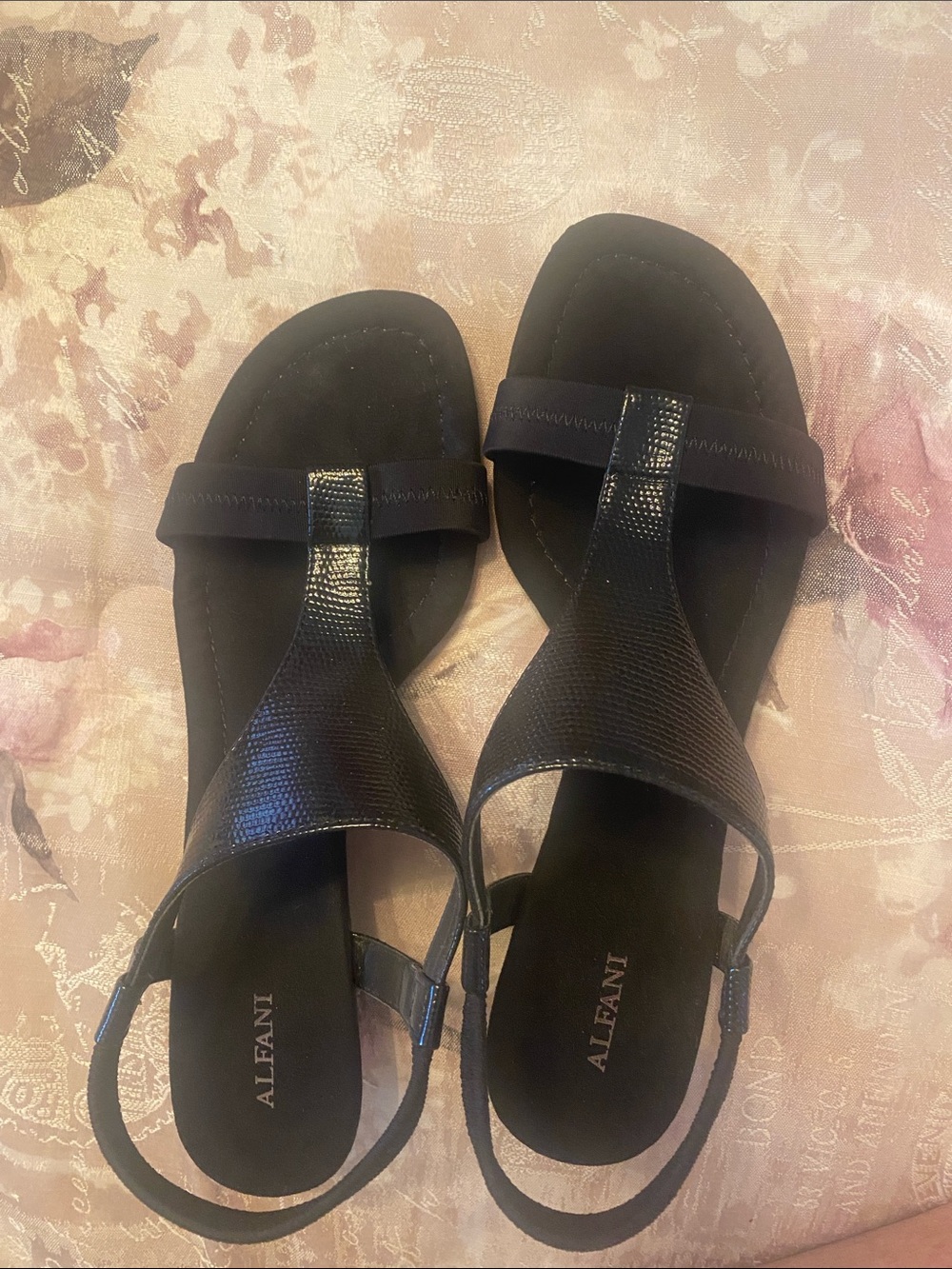 Alfani Black Textured T-Strap Slingback Sandals